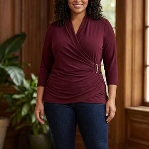 Lauren Ralph Lauren Burgundy Surplice Wrap Top 2X Gold Buckle 3/4 Sleeve Jersey
